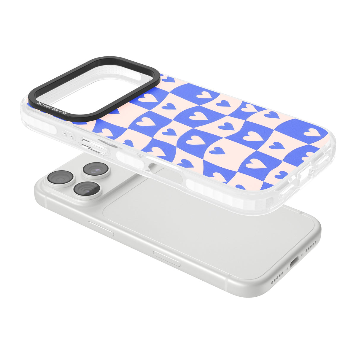 Blue Wavy Checked Hearts iPhone 18 Pro Impact Clear Phone Case angled
