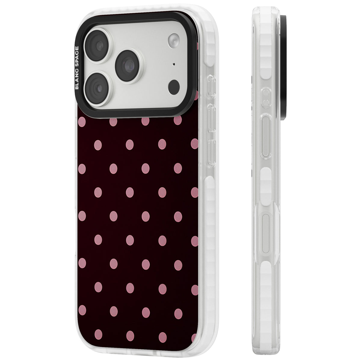 Merlot Dots polka dot iPhone case featuring dusty pink spots on a deep burgundy background in a retro grid iPhone 18 Pro Impact Pro Clear Phone Case side