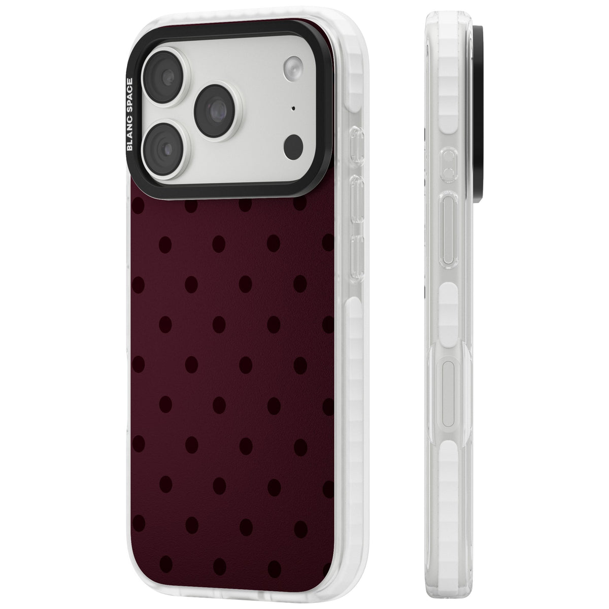 Burgundy Polka Dot minimalist iPhone case featuring black polka dots on a deep burgundy wine red background iPhone 18 Pro Impact Pro Clear Phone Case side