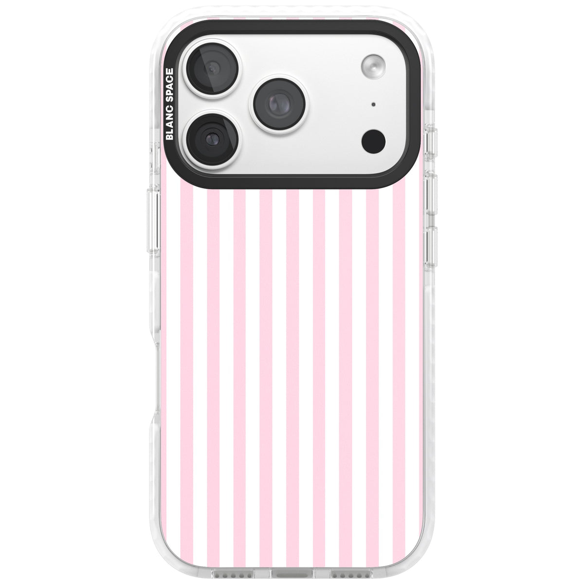 Pink Stripe preppy iPhone case featuring soft pastel pink and white vertical candy stripes iPhone 18 Pro Impact Pro Clear Phone Case front