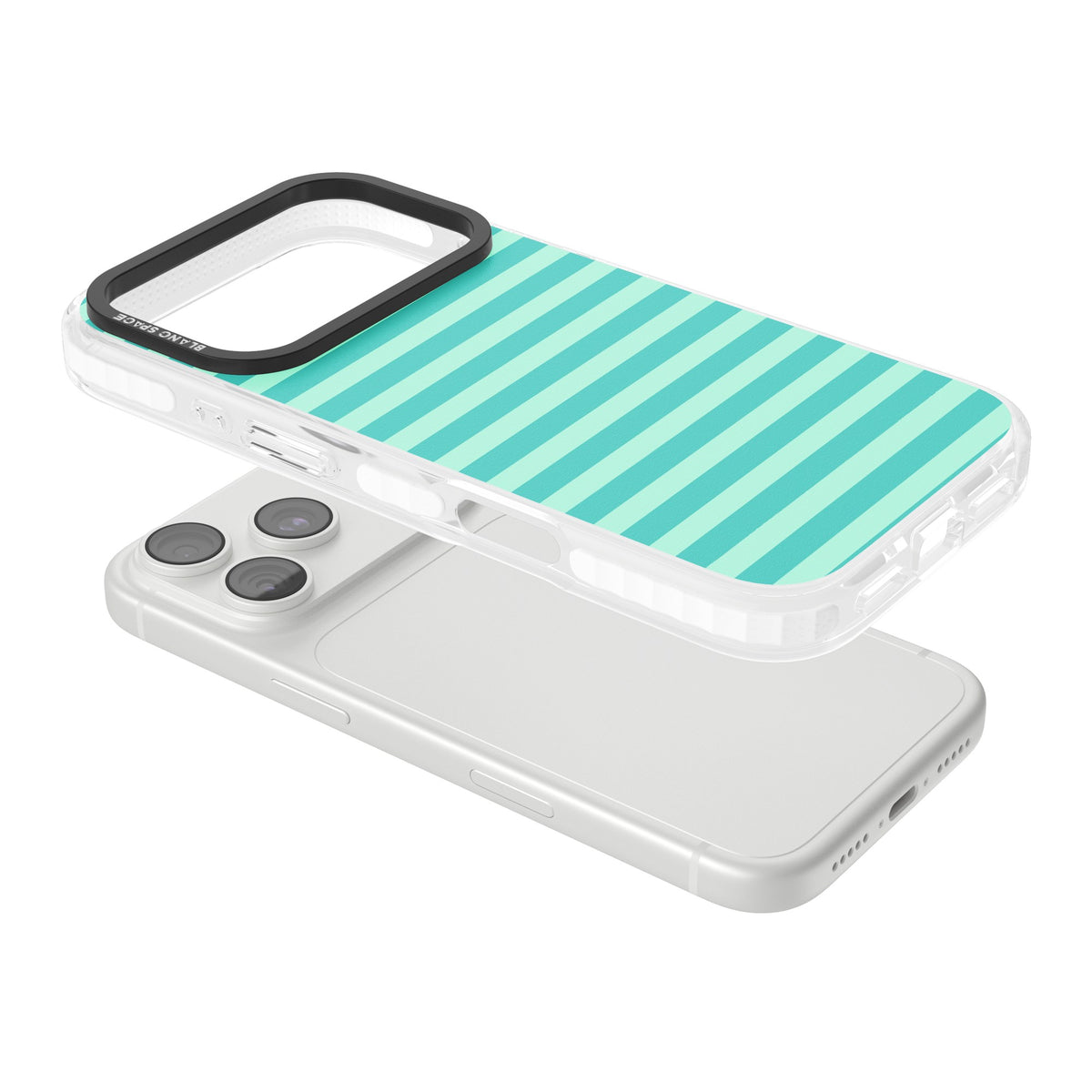 Turquoise Stripe preppy iPhone case featuring horizontal teal and mint green stripes on a black protective frame iPhone 18 Pro Impact Pro Clear Phone Case angled