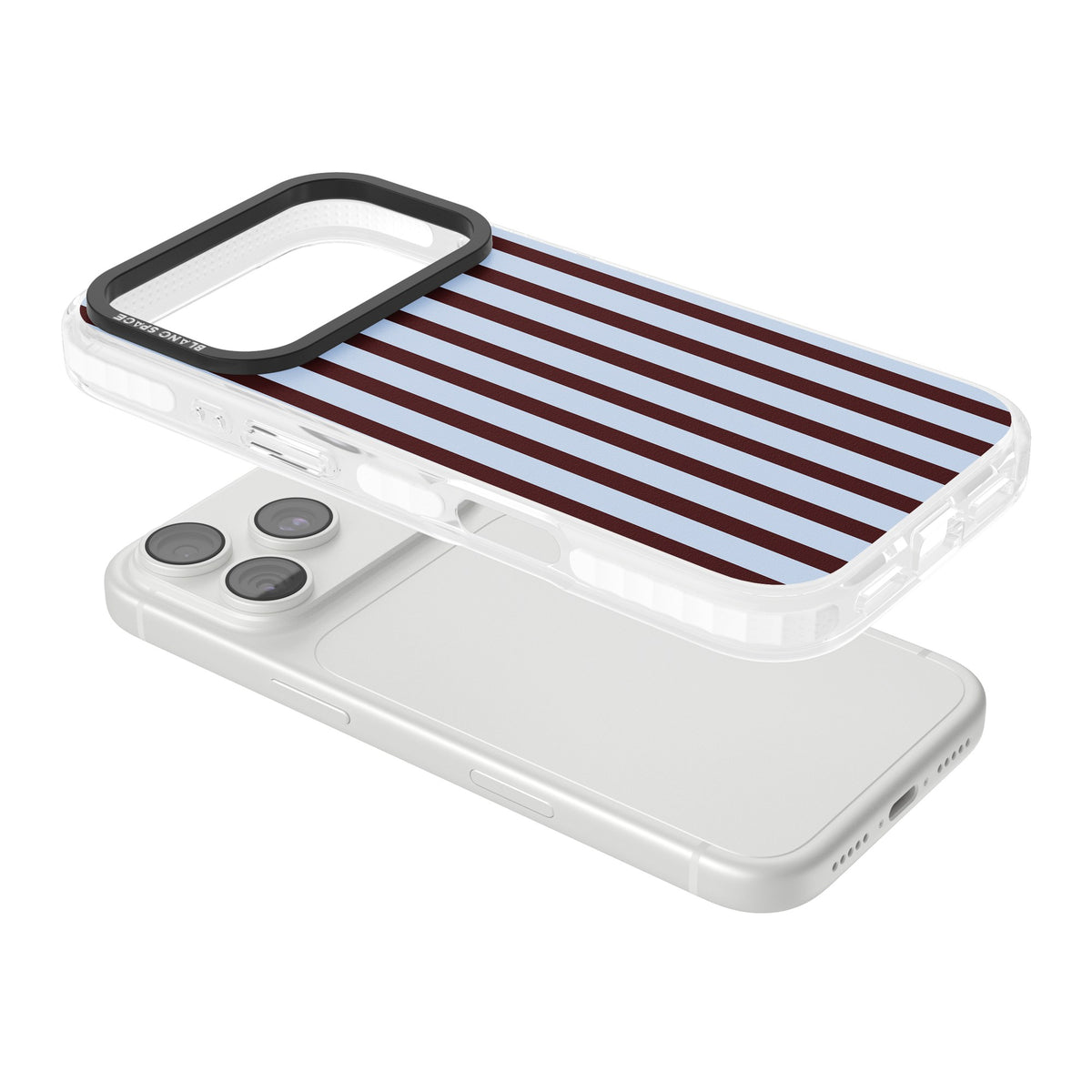 Blackcurrant Stripe preppy iPhone case featuring vertical burgundy and light blue stripes in a classic pinstripe layout iPhone 18 Pro Impact Pro Clear Phone Case angled