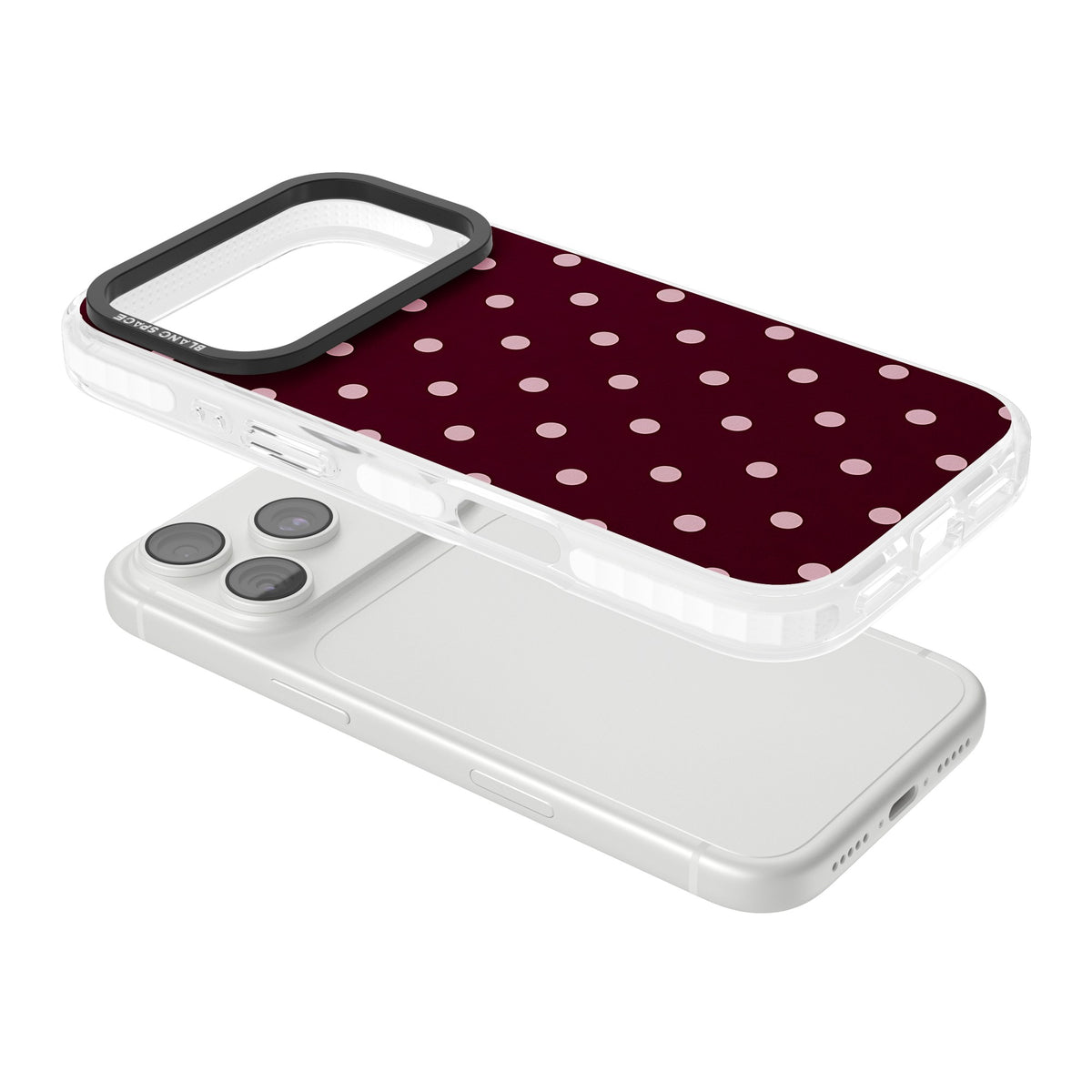 Merlot Dots polka dot iPhone case featuring dusty pink spots on a deep burgundy background in a retro grid iPhone 18 Pro Impact Clear Phone Case angled