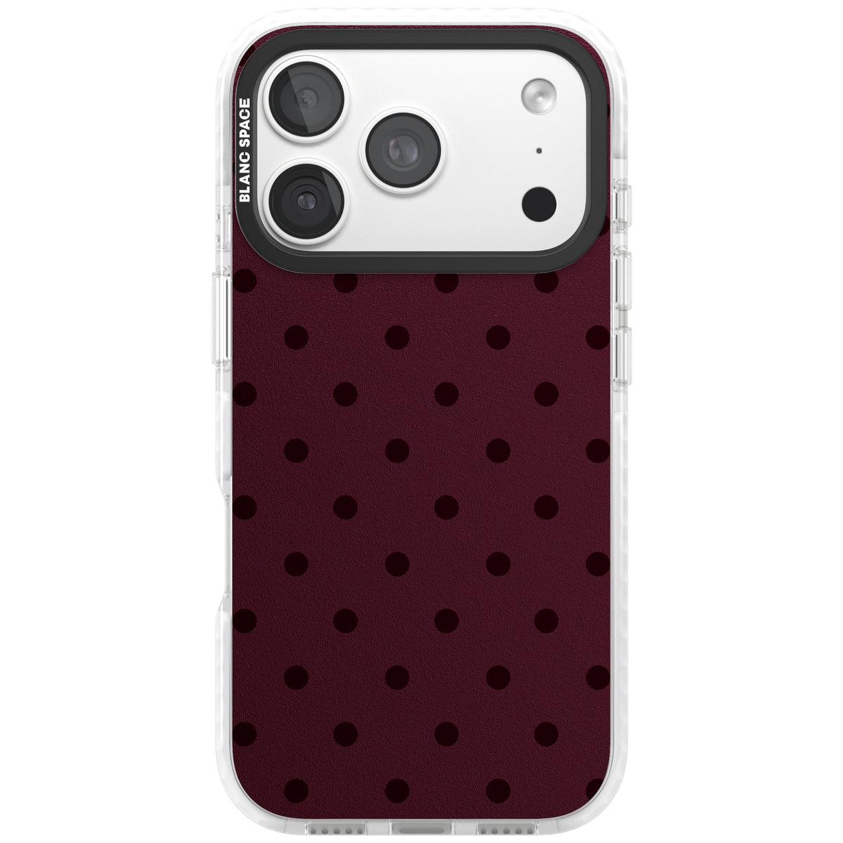 Burgundy Polka Dot minimalist iPhone case featuring black polka dots on a deep burgundy wine red background iPhone 18 Pro Impact Clear Phone Case front
