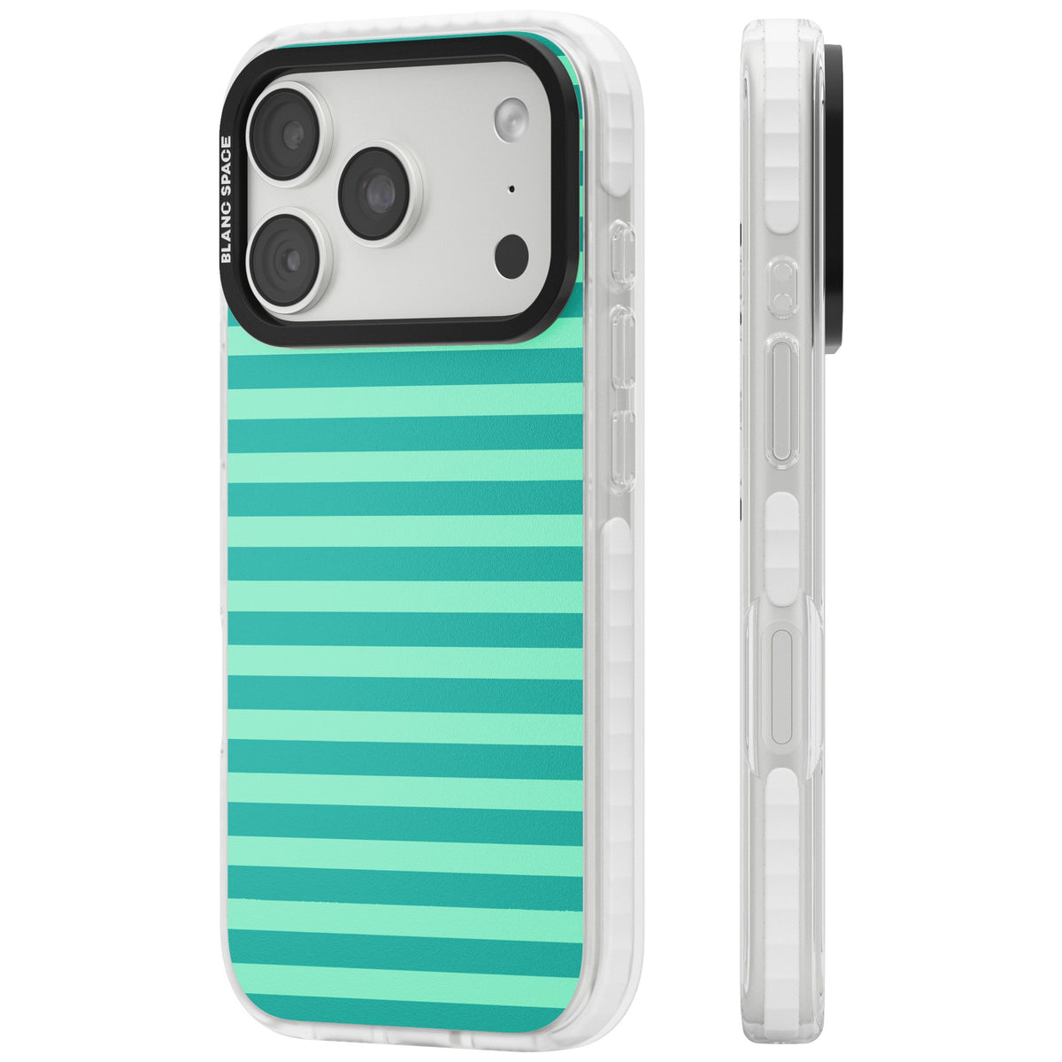 Turquoise Stripe preppy iPhone case featuring horizontal teal and mint green stripes on a black protective frame iPhone 18 Pro Impact Clear Phone Case side