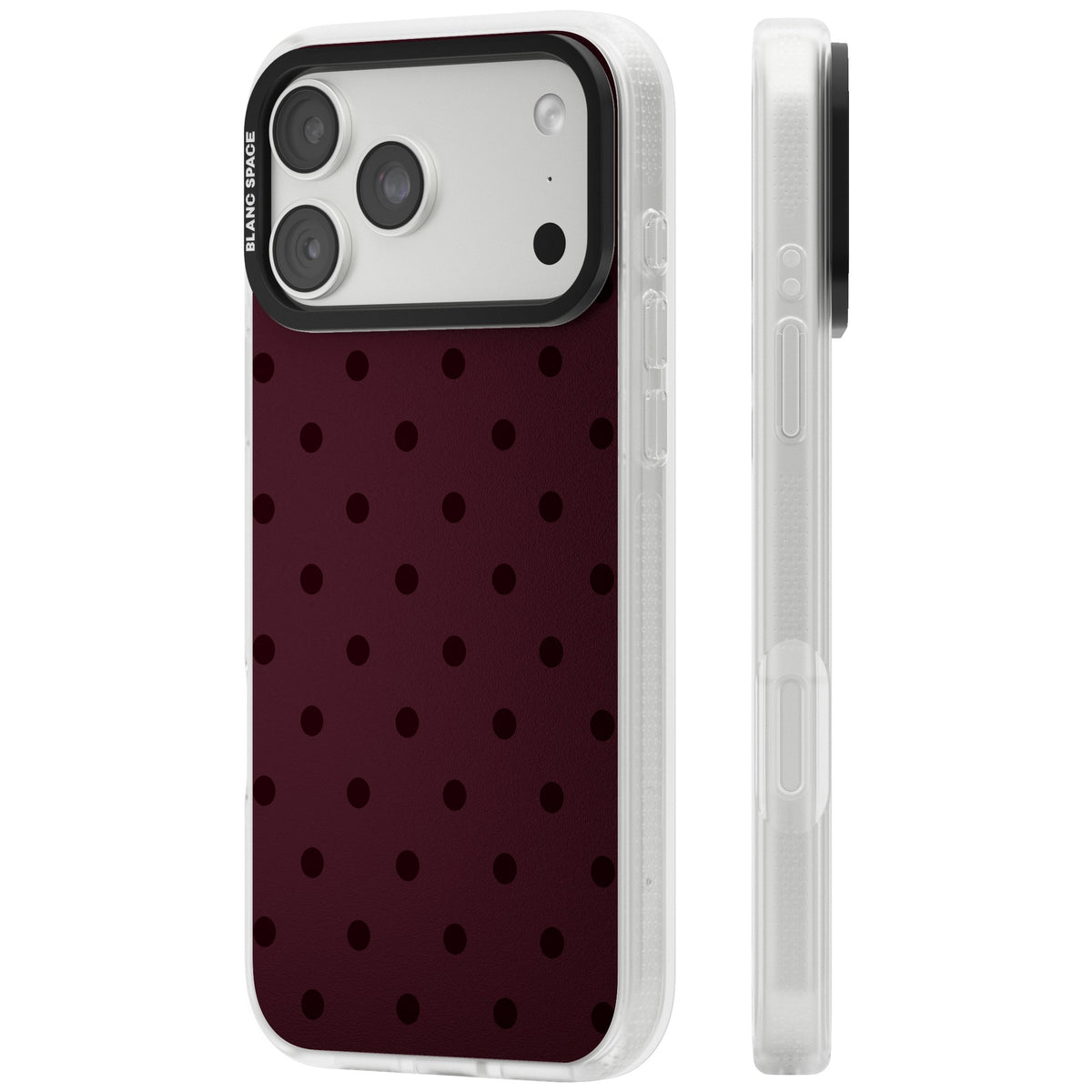 Burgundy Polka Dot minimalist iPhone case featuring black polka dots on a deep burgundy wine red background iPhone 18 Pro Max Impact Air Phone Case side