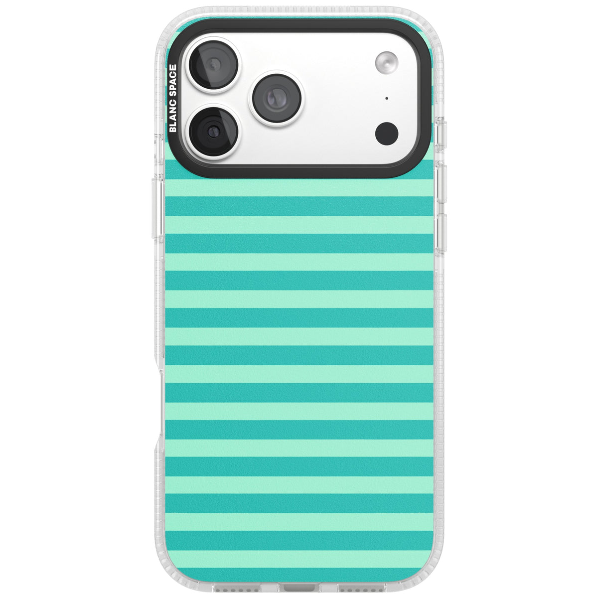 Turquoise Stripe preppy iPhone case featuring horizontal teal and mint green stripes on a black protective frame iPhone 18 Pro Max Impact Air Phone Case front
