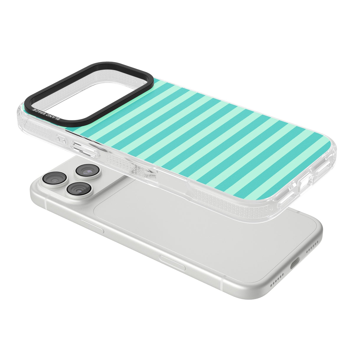 Turquoise Stripe preppy iPhone case featuring horizontal teal and mint green stripes on a black protective frame iPhone 18 Pro Max Impact Air Phone Case angled