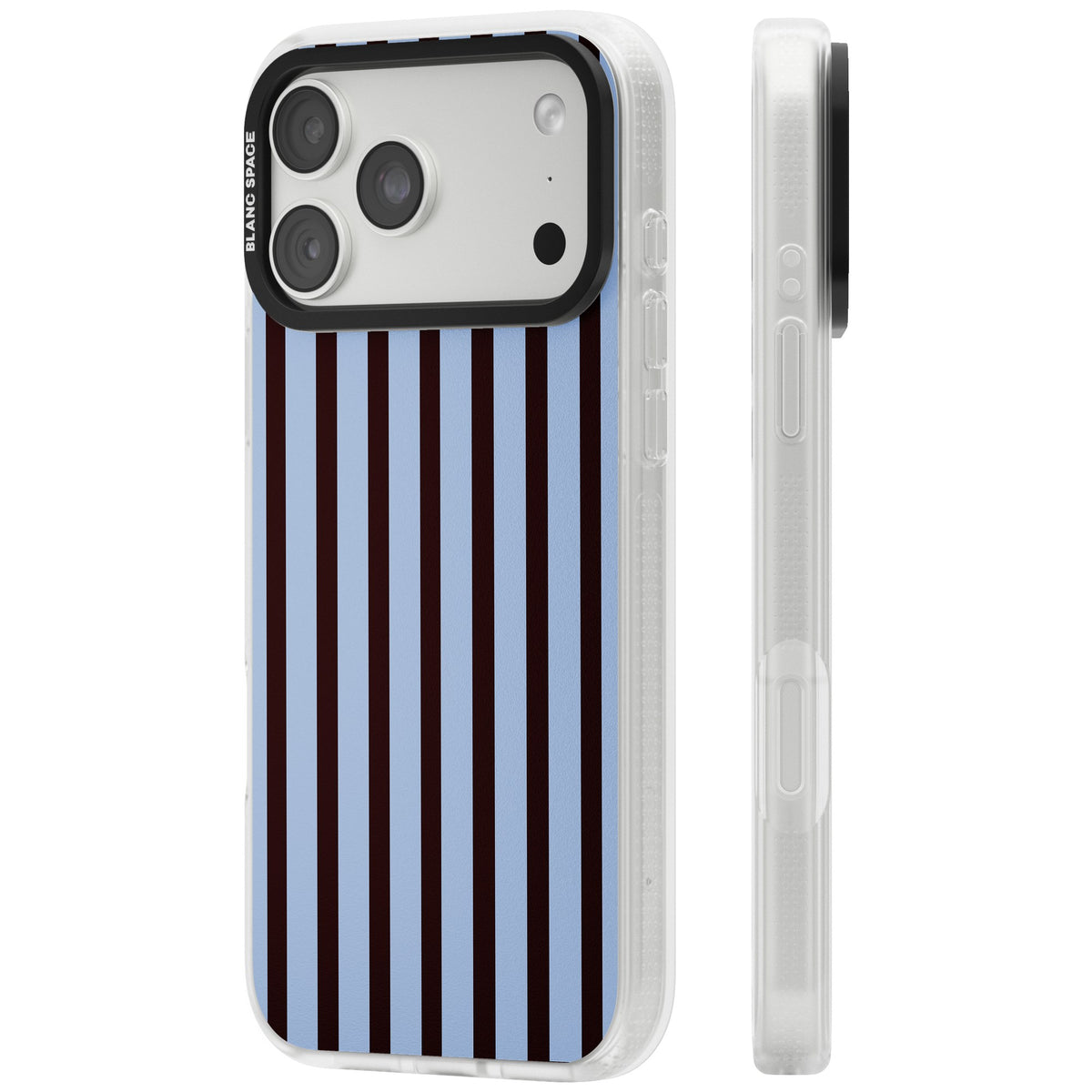 Blackcurrant Stripe preppy iPhone case featuring vertical burgundy and light blue stripes in a classic pinstripe layout iPhone 18 Pro Max Impact Air Phone Case side