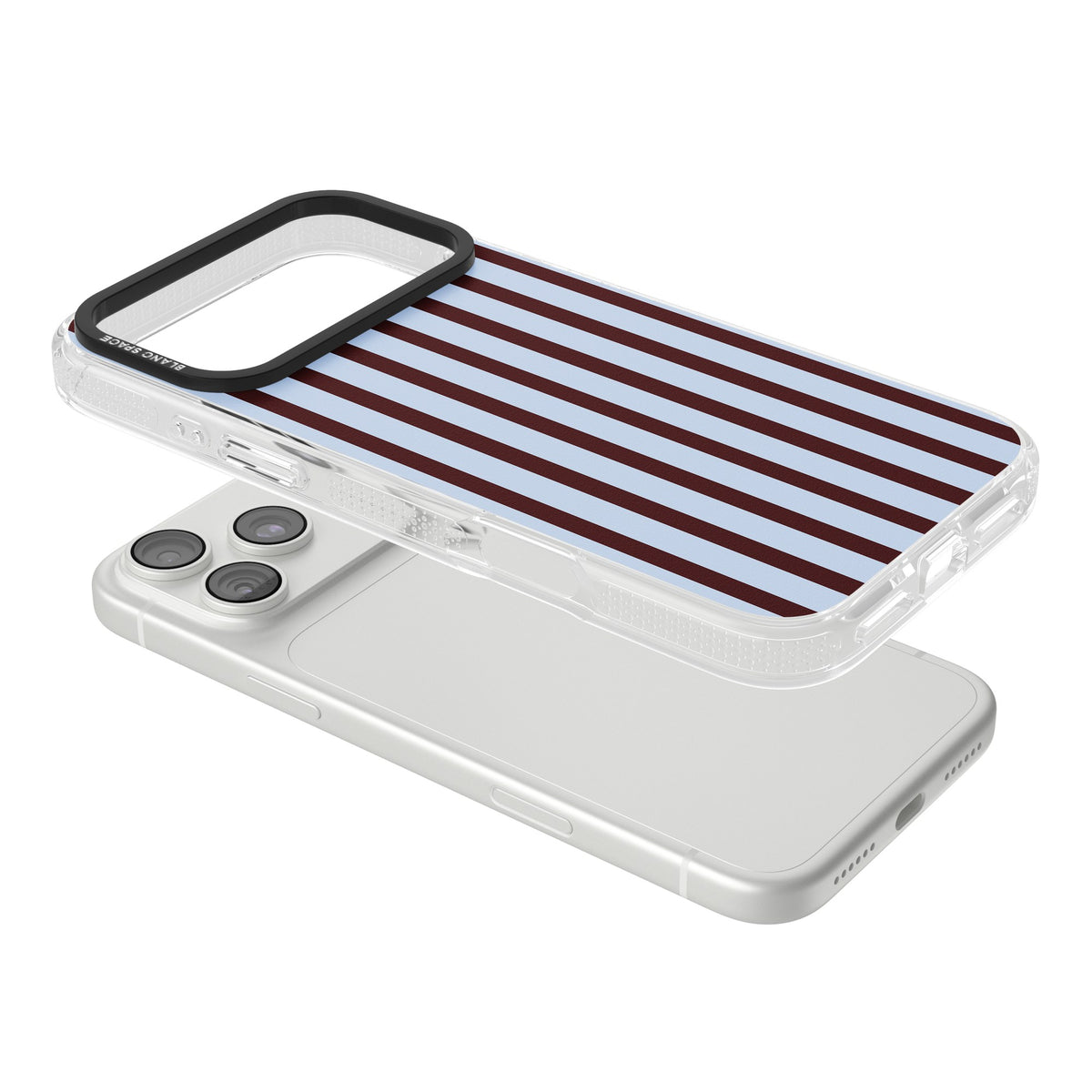 Blackcurrant Stripe preppy iPhone case featuring vertical burgundy and light blue stripes in a classic pinstripe layout iPhone 18 Pro Max Impact Air Phone Case angled