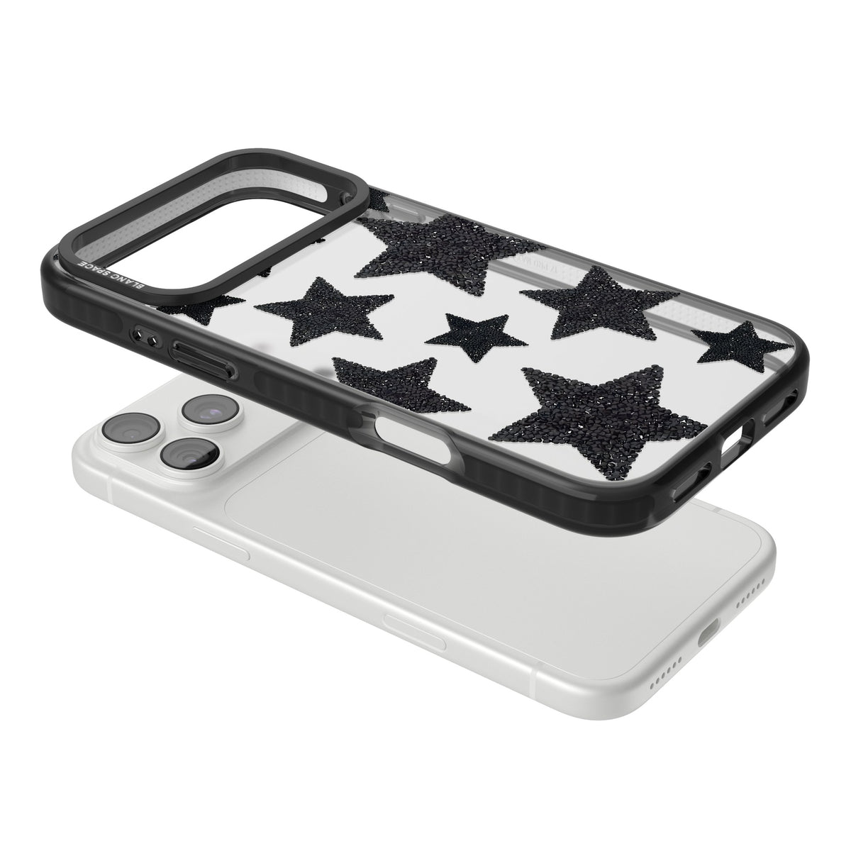 Beaded Black Stars iPhone 18 Pro Max Impact Black Phone Case angled