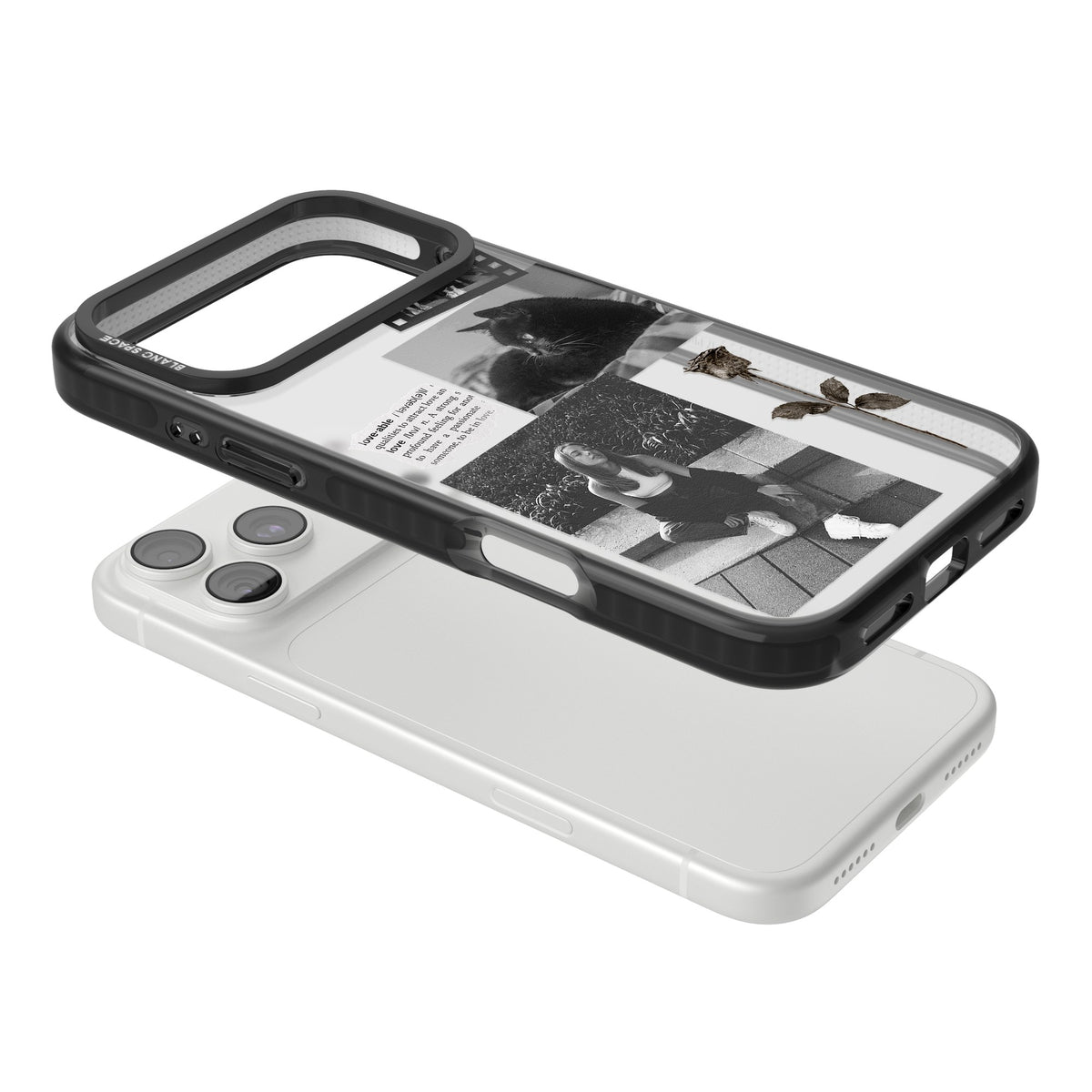 Personalised Black & White Scrapbook Photos iPhone 18 Pro Max Impact Black Phone Case angled
