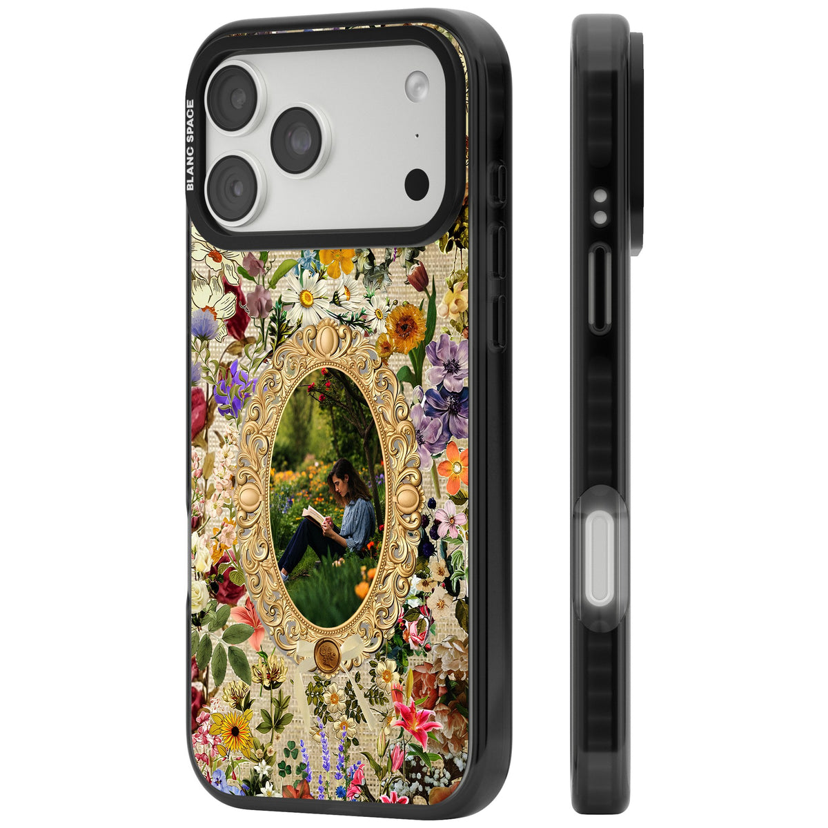 Personalised Vintage Wildflower Frame iPhone 18 Pro Max Impact Black Phone Case side