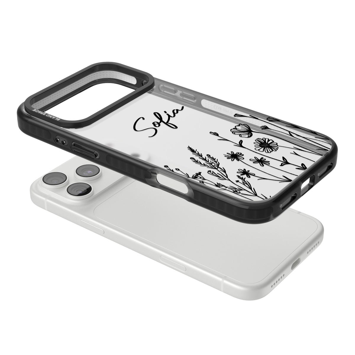Personalised Black Wildflowers iPhone 18 Pro Max Impact Black Phone Case angled