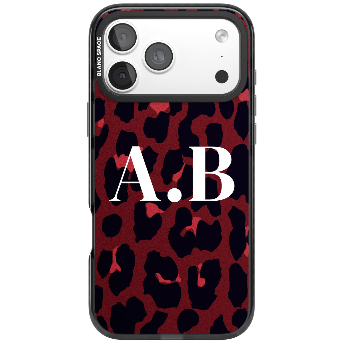 Personalised Burgundy Leopard Initials baddie iPhone case featuring black spots, red highlights and custom initials iPhone 18 Pro Max Impact Black Phone Case front