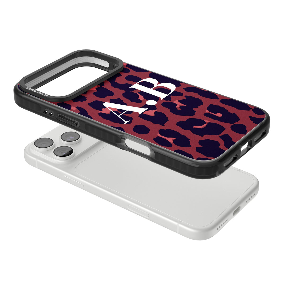 Personalised Burgundy Leopard Initials baddie iPhone case featuring black spots, red highlights and custom initials iPhone 18 Pro Max Impact Black Phone Case angled