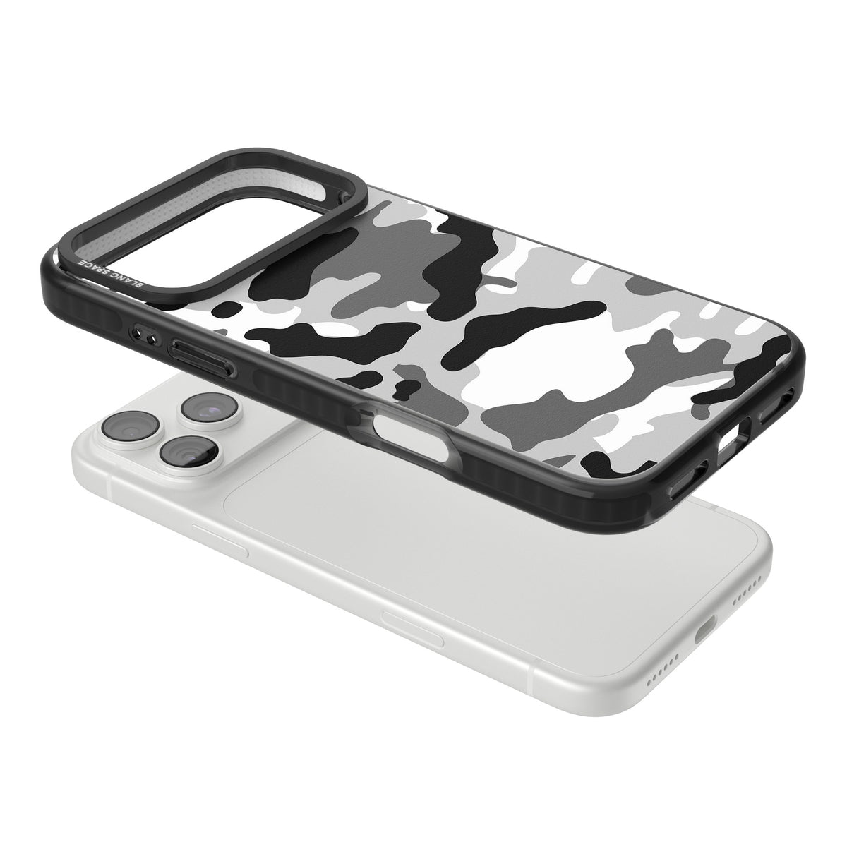 Grey Camo iPhone 18 Pro Max Impact Black Phone Case angled