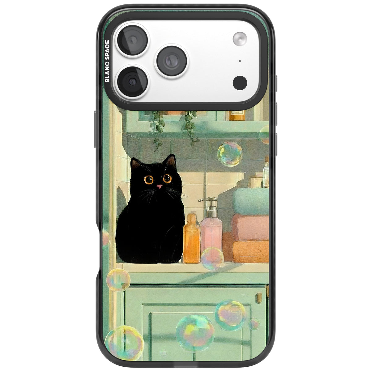 Bathroom Bubble Kitty iPhone 18 Pro Max Impact Black Phone Case front