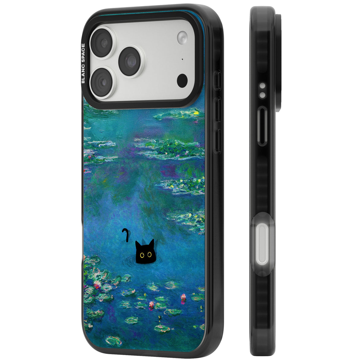 Cat in Monet's Water Lillies iPhone 18 Pro Max Impact Black Phone Case side