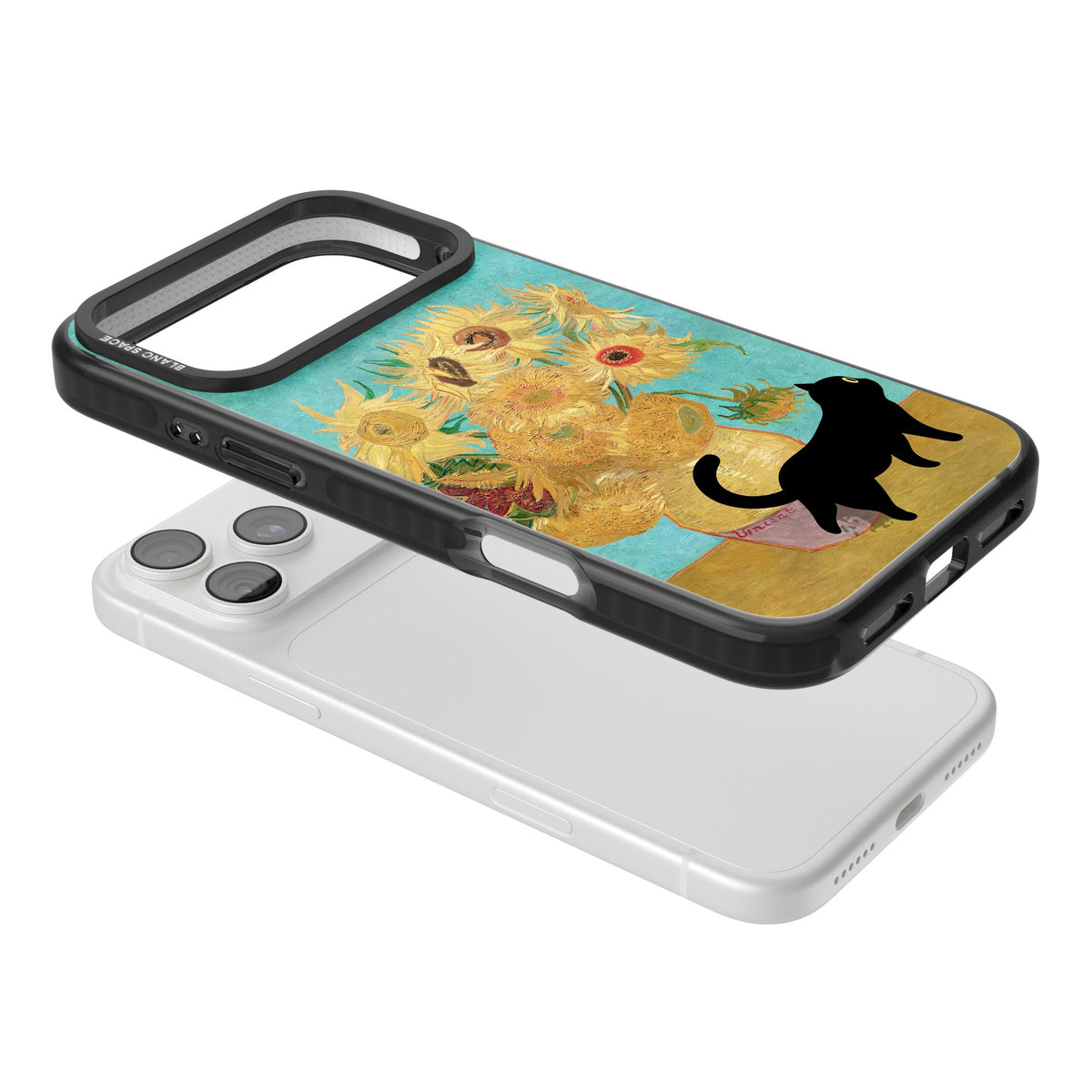 Cat with Van Gogh's Sunflowers iPhone 18 Pro Max Impact Black Phone Case angled
