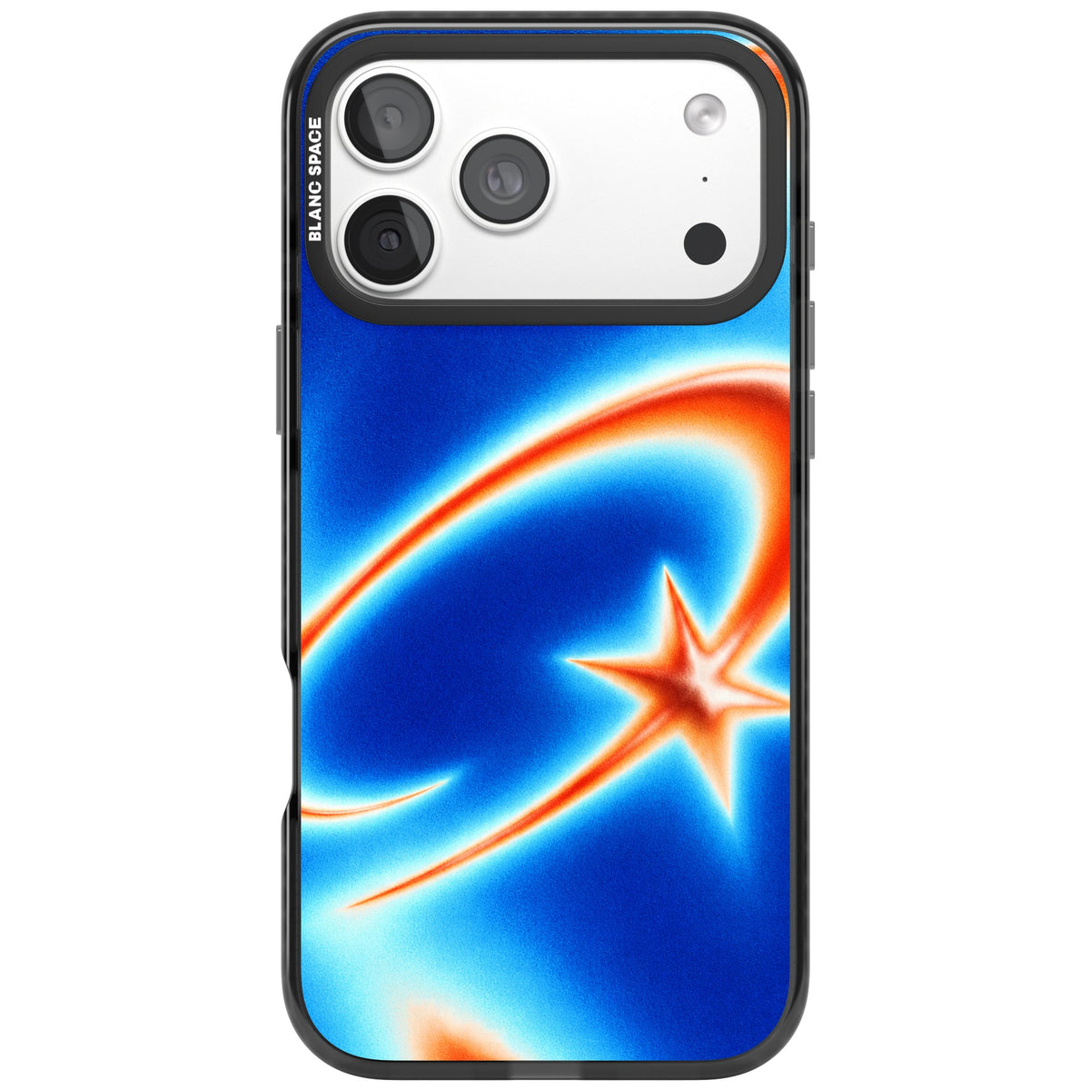 Starburn Y2K iPhone case featuring a glowing orange shooting star, sweeping comet trail and cobalt blue aura gradient iPhone 18 Pro Max Impact Black Phone Case front
