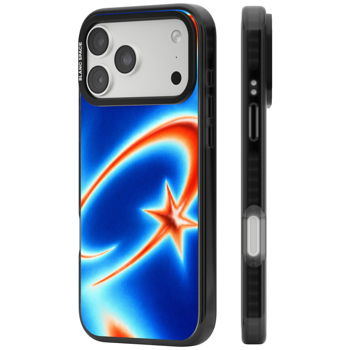 Starburn Y2K iPhone case featuring a glowing orange shooting star, sweeping comet trail and cobalt blue aura gradient iPhone 18 Pro Max Impact Black Phone Case side