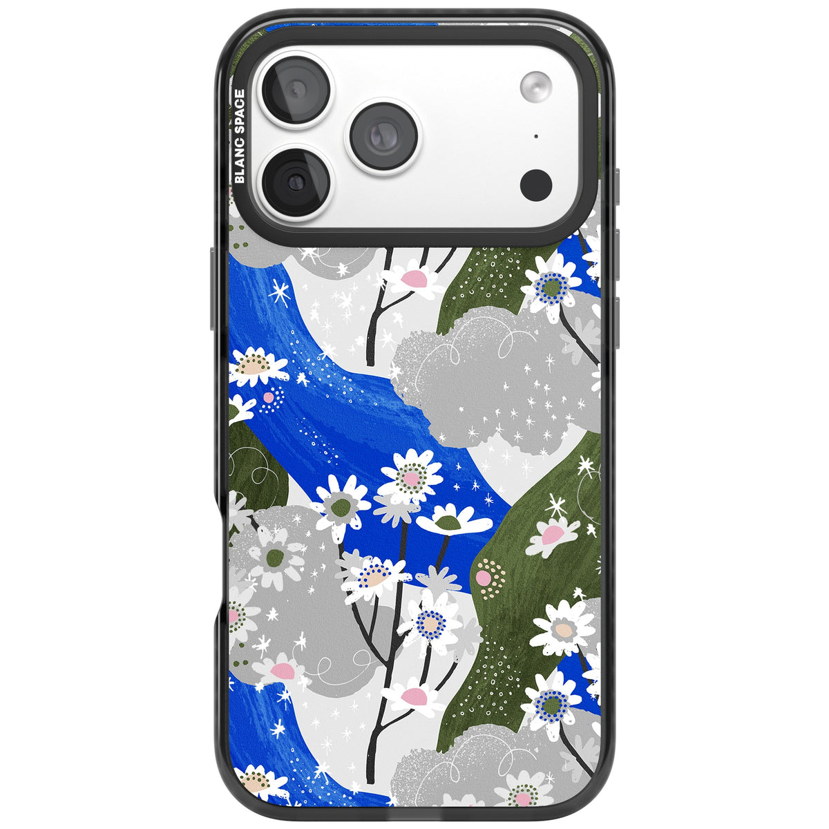 Blue & Grey Daisies Pattern iPhone 18 Pro Max Impact Pro Black Phone Case front