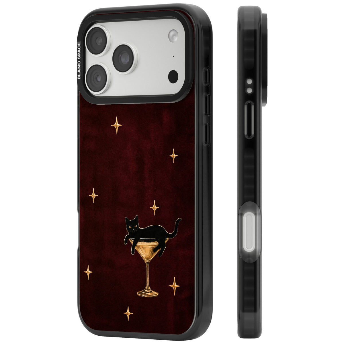 Speakeasy burgundy iPhone case featuring a black cat on a gold martini glass and twinkling gold stars iPhone 18 Pro Max Impact Pro Black Phone Case side