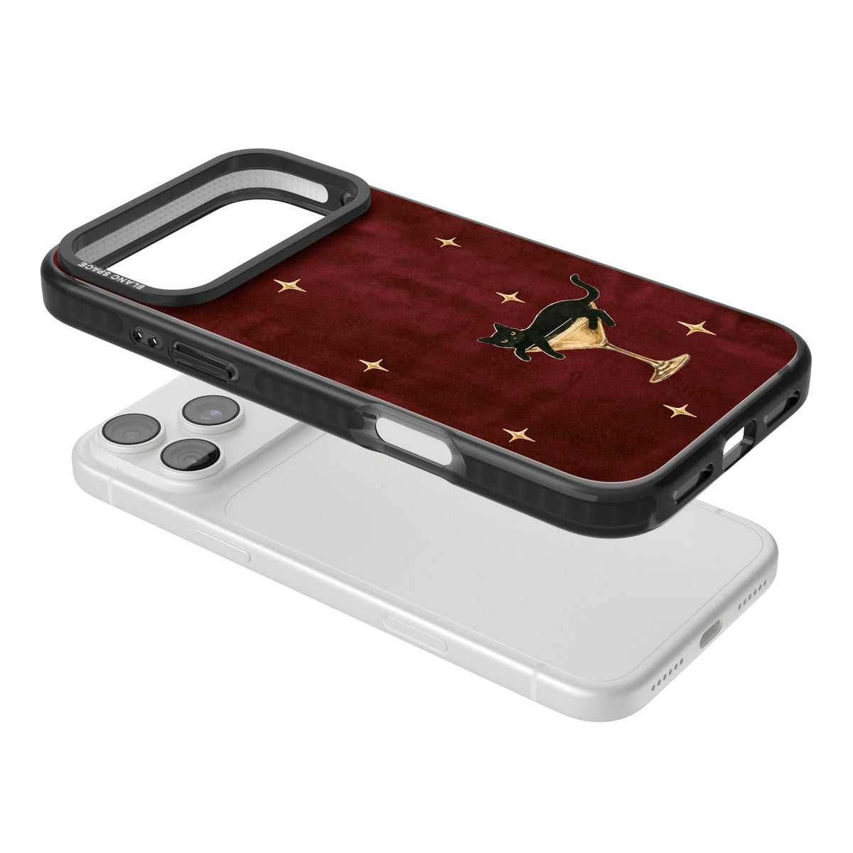 Speakeasy burgundy iPhone case featuring a black cat on a gold martini glass and twinkling gold stars iPhone 18 Pro Max Impact Pro Black Phone Case angled