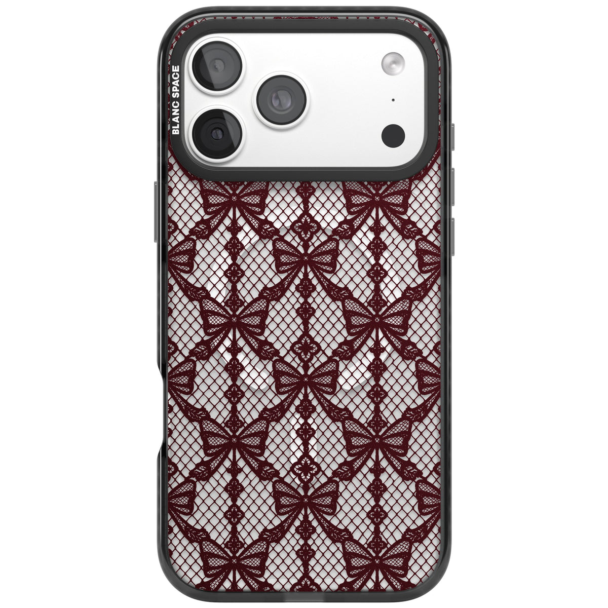 Burgundy Bow Lace coquette iPhone case featuring burgundy ribbon bows, fishnet mesh and vintage lace lattice iPhone 18 Pro Max Impact Pro Black Phone Case front
