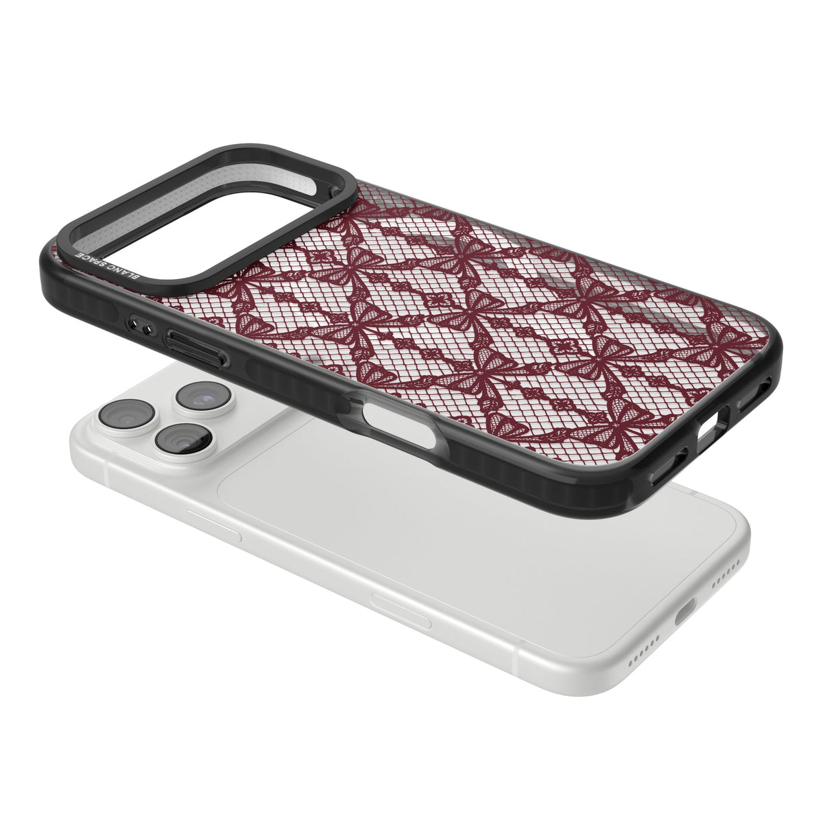 Burgundy Bow Lace coquette iPhone case featuring burgundy ribbon bows, fishnet mesh and vintage lace lattice iPhone 18 Pro Max Impact Pro Black Phone Case angled