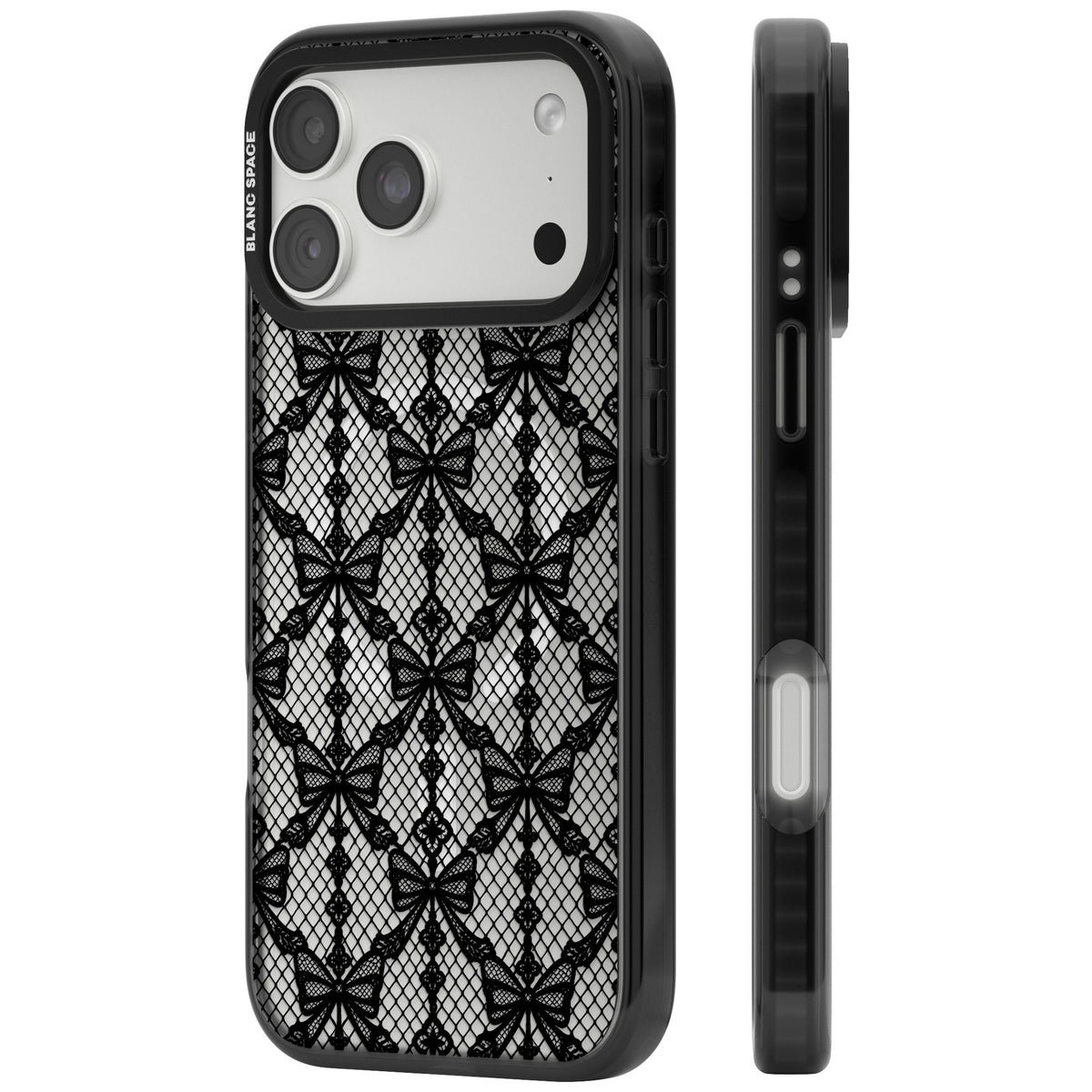 Black Bow Lace coquette iPhone case featuring black lace bows, fishnet mesh and beaded trellis on a clear background iPhone 18 Pro Max Impact Pro Black Phone Case side