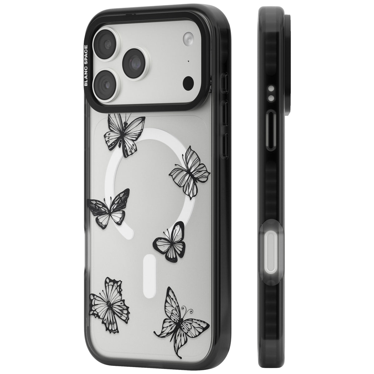 Grey Butterfly Line Pattern iPhone 18 Pro Max Impact Pro Black Phone Case side