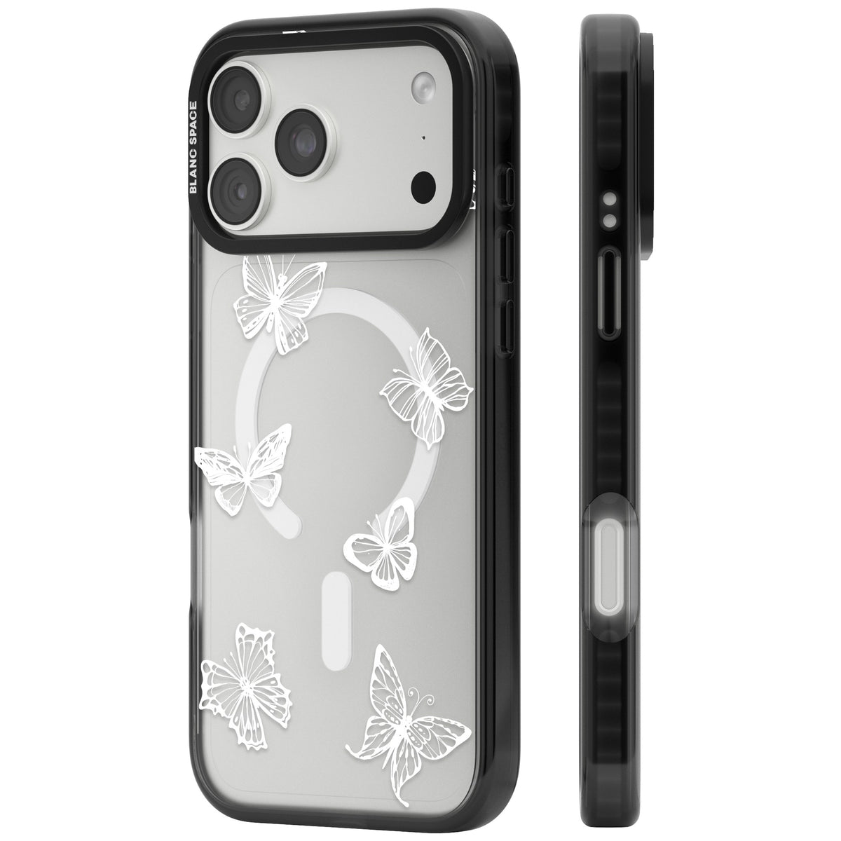 White Butterfly Line Pattern iPhone 18 Pro Max Impact Pro Black Phone Case side