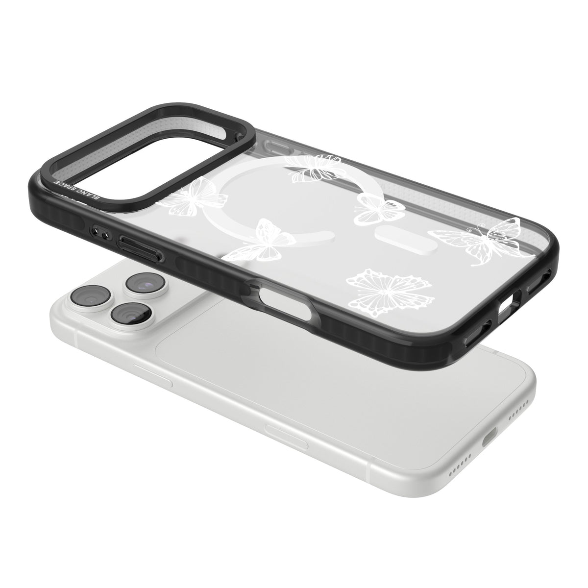 White Butterfly Line Pattern iPhone 18 Pro Max Impact Pro Black Phone Case angled