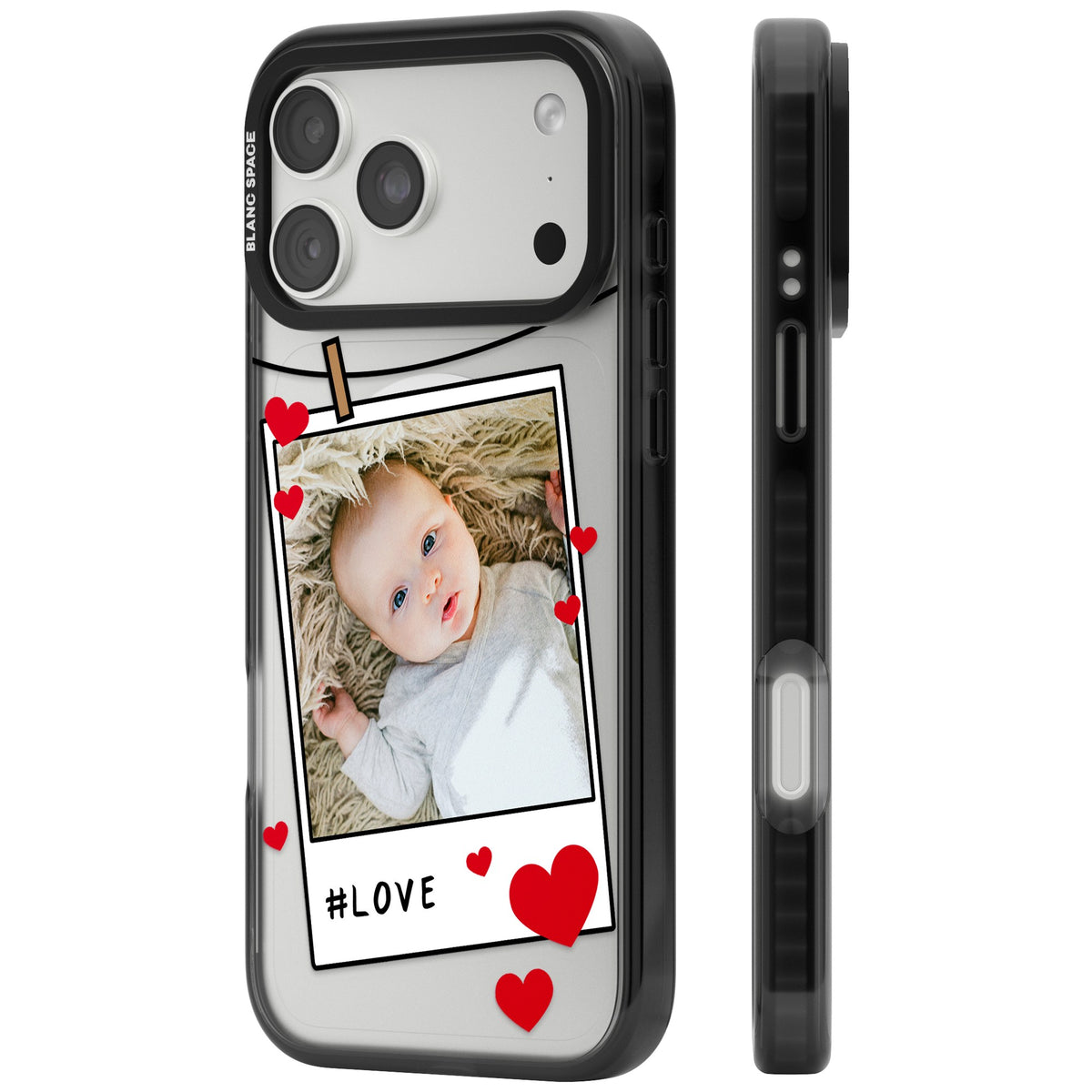 Personalised Paperclip & Hearts Polaroid iPhone 18 Pro Max Impact Pro Black Phone Case side