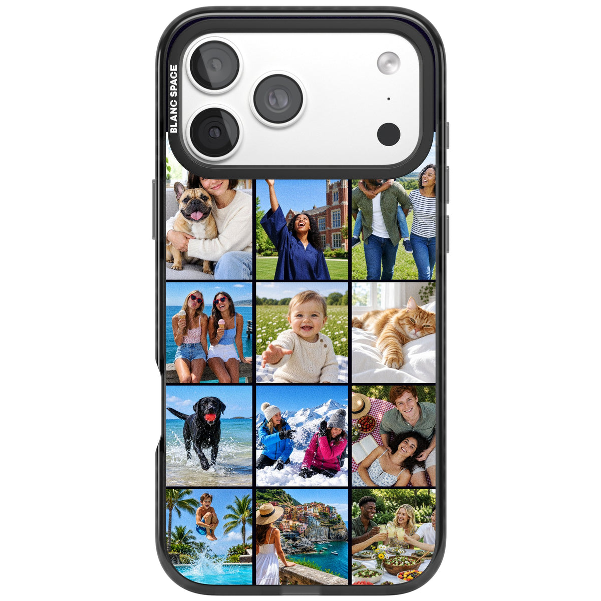 Personalised 12 Photo Grid custom iPhone case featuring a twelve-photo collage layout with slim dark borders iPhone 18 Pro Max Impact Pro Black Phone Case front