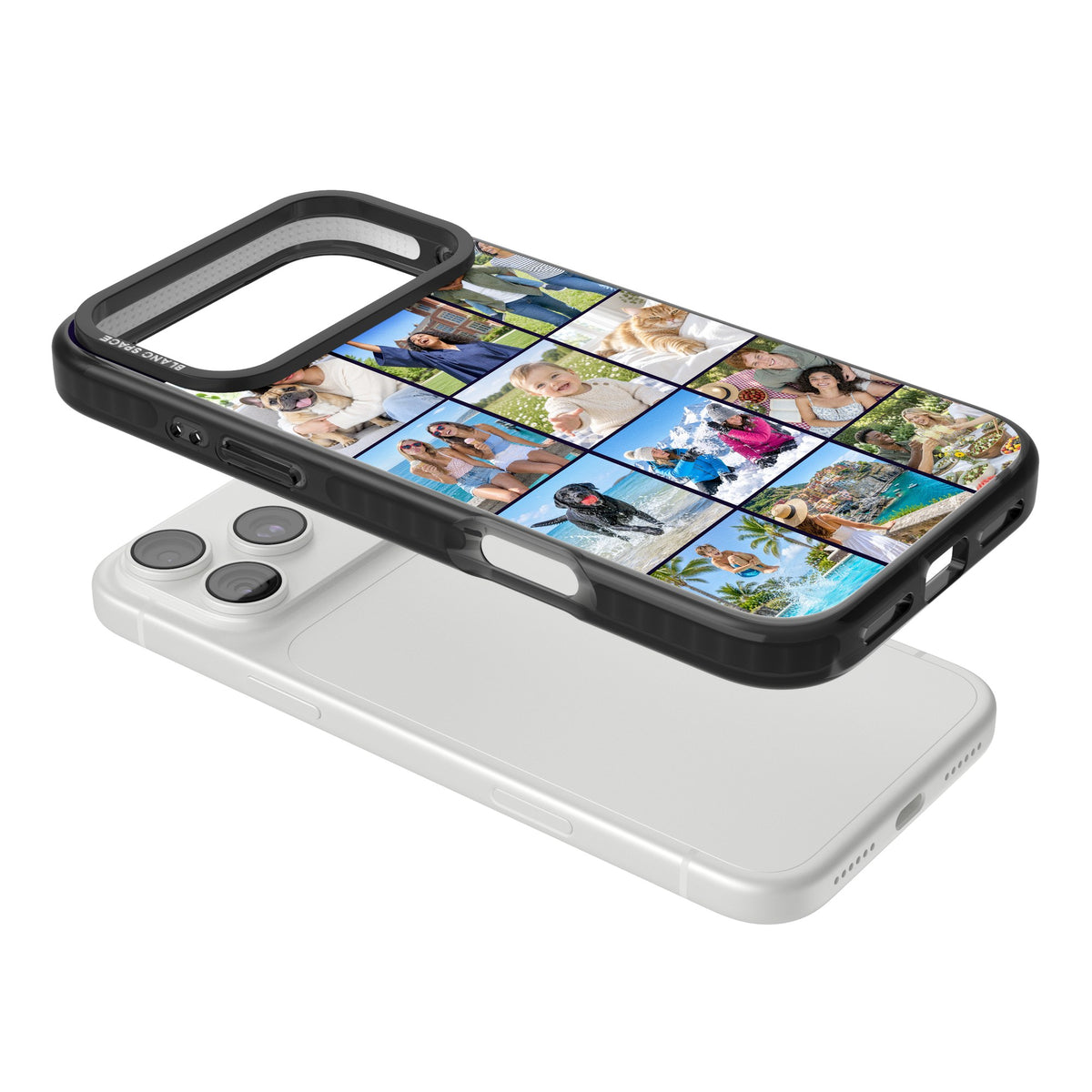 Personalised 12 Photo Grid custom iPhone case featuring a twelve-photo collage layout with slim dark borders iPhone 18 Pro Max Impact Pro Black Phone Case angled