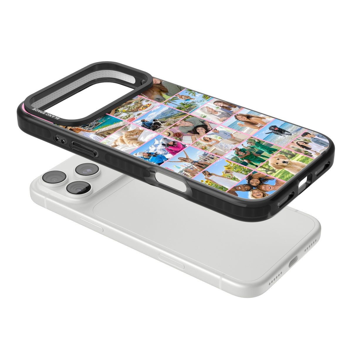 Personalised 18 Photo Squares custom iPhone case featuring an 18-photo collage grid with pink borders and clear edges iPhone 18 Pro Max Impact Pro Black Phone Case angled