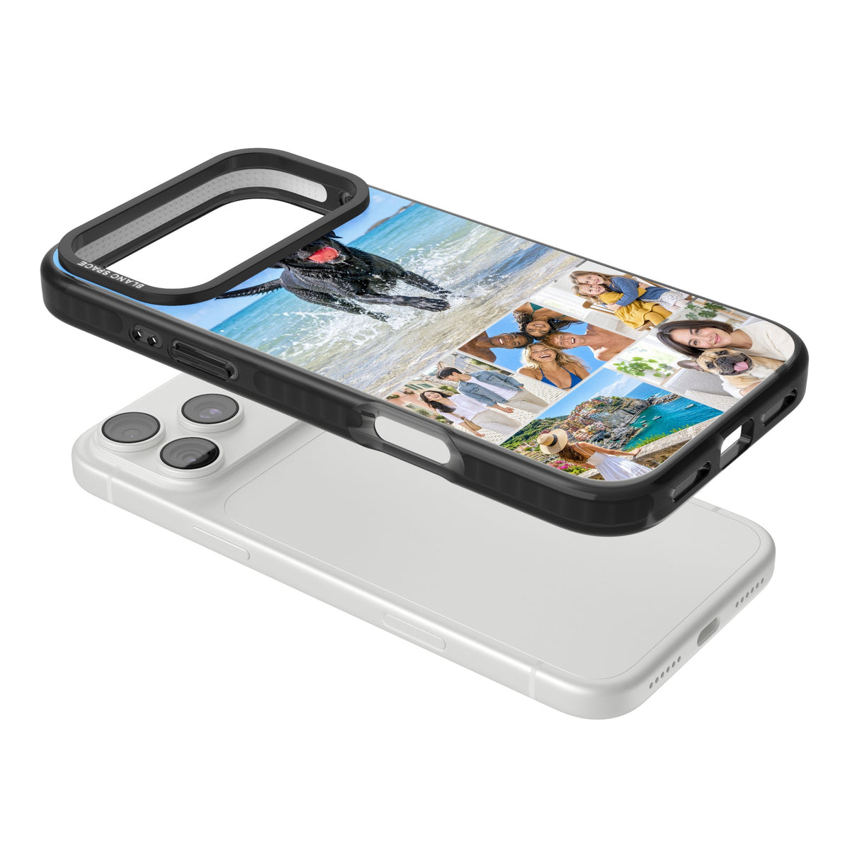 Personalised Photo Mosaic custom iPhone case featuring a six-photo collage layout with one wide panel and clear edges iPhone 18 Pro Max Impact Pro Black Phone Case angled