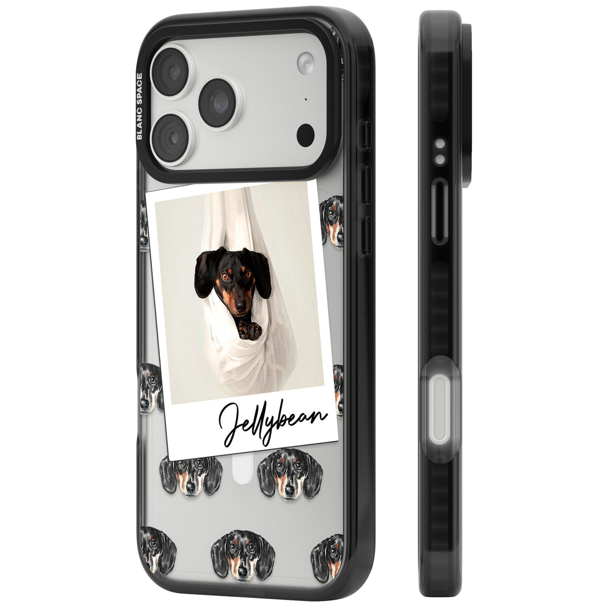 Personalised Black Dachshund Instant Camera Photo iPhone 18 Pro Max Impact Pro Black Phone Case side