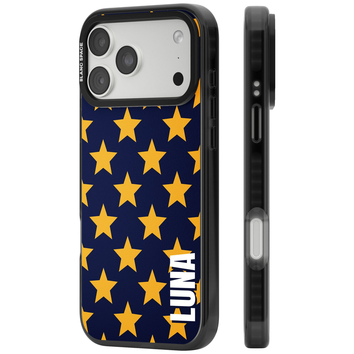 Personalised Starry Name celestial iPhone case featuring yellow stars on navy blue with a custom name iPhone 18 Pro Max Impact Pro Black Phone Case side
