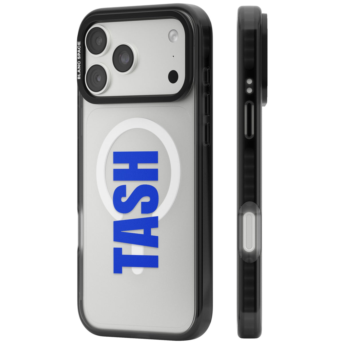 Personalised Tall Name custom iPhone case featuring a bold vertical name in your chosen font and colour on a clear case iPhone 18 Pro Max Impact Pro Black Phone Case side