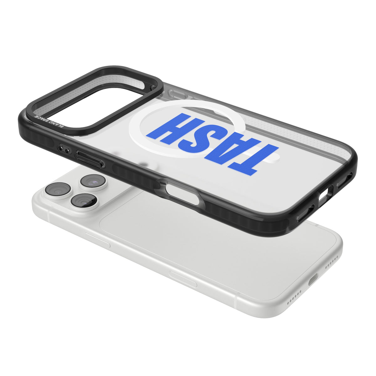 Personalised Tall Name custom iPhone case featuring a bold vertical name in your chosen font and colour on a clear case iPhone 18 Pro Max Impact Pro Black Phone Case angled