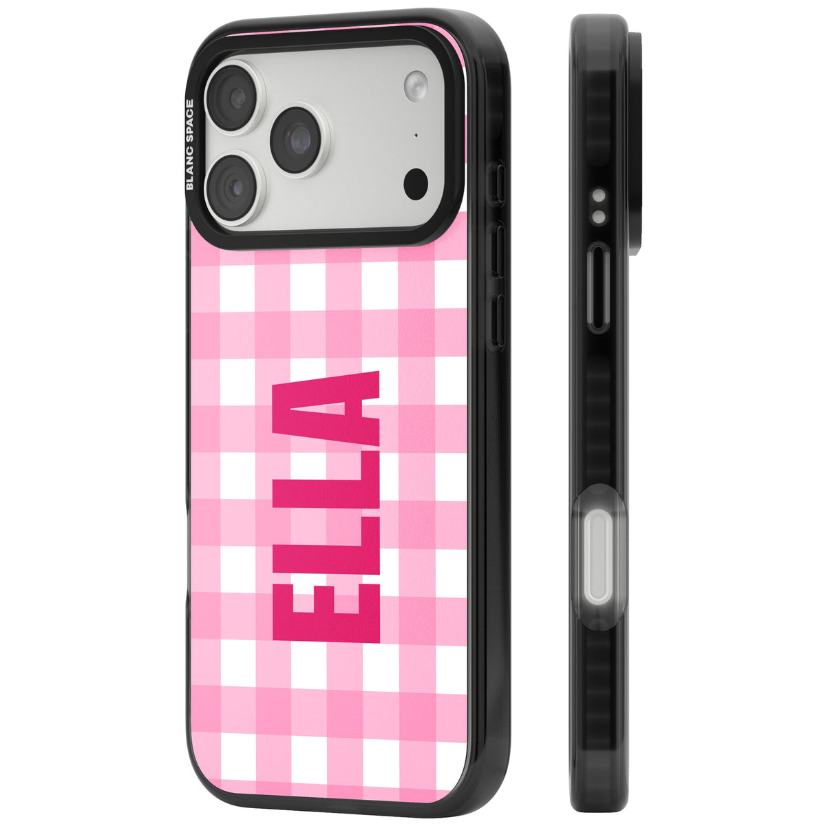 Personalised Gingham Name preppy iPhone case featuring a pink and white gingham check and a bold custom name iPhone 18 Pro Max Impact Pro Black Phone Case side