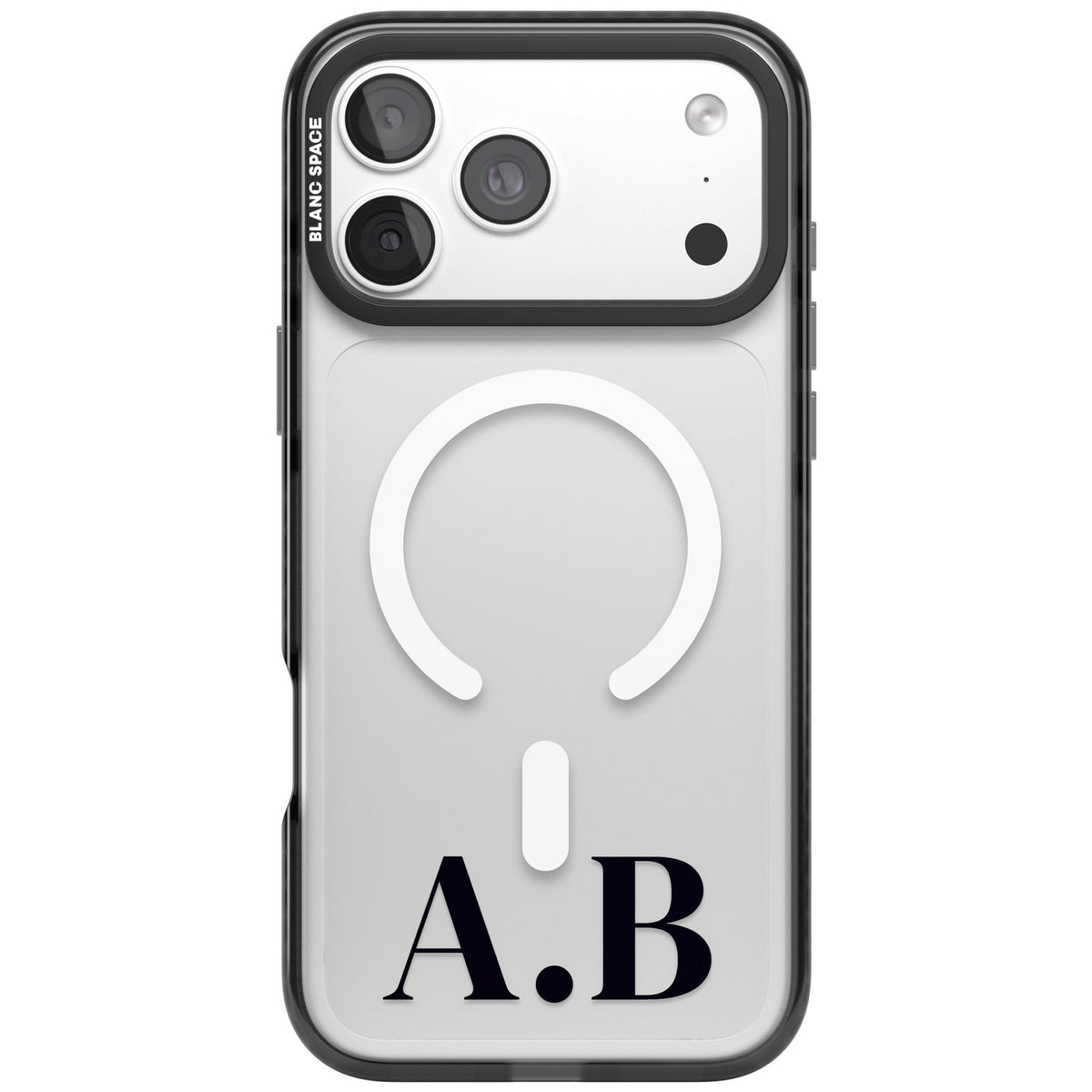 Personalised Serif Initials minimal iPhone case featuring custom monogram lettering in classic serif type on a clear case iPhone 18 Pro Max Impact Pro Black Phone Case front
