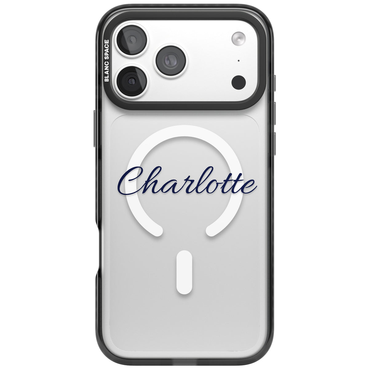 Personalised Script Name iPhone case featuring a custom name in flowing script lettering on a clear impact case iPhone 18 Pro Max Impact Pro Black Phone Case front