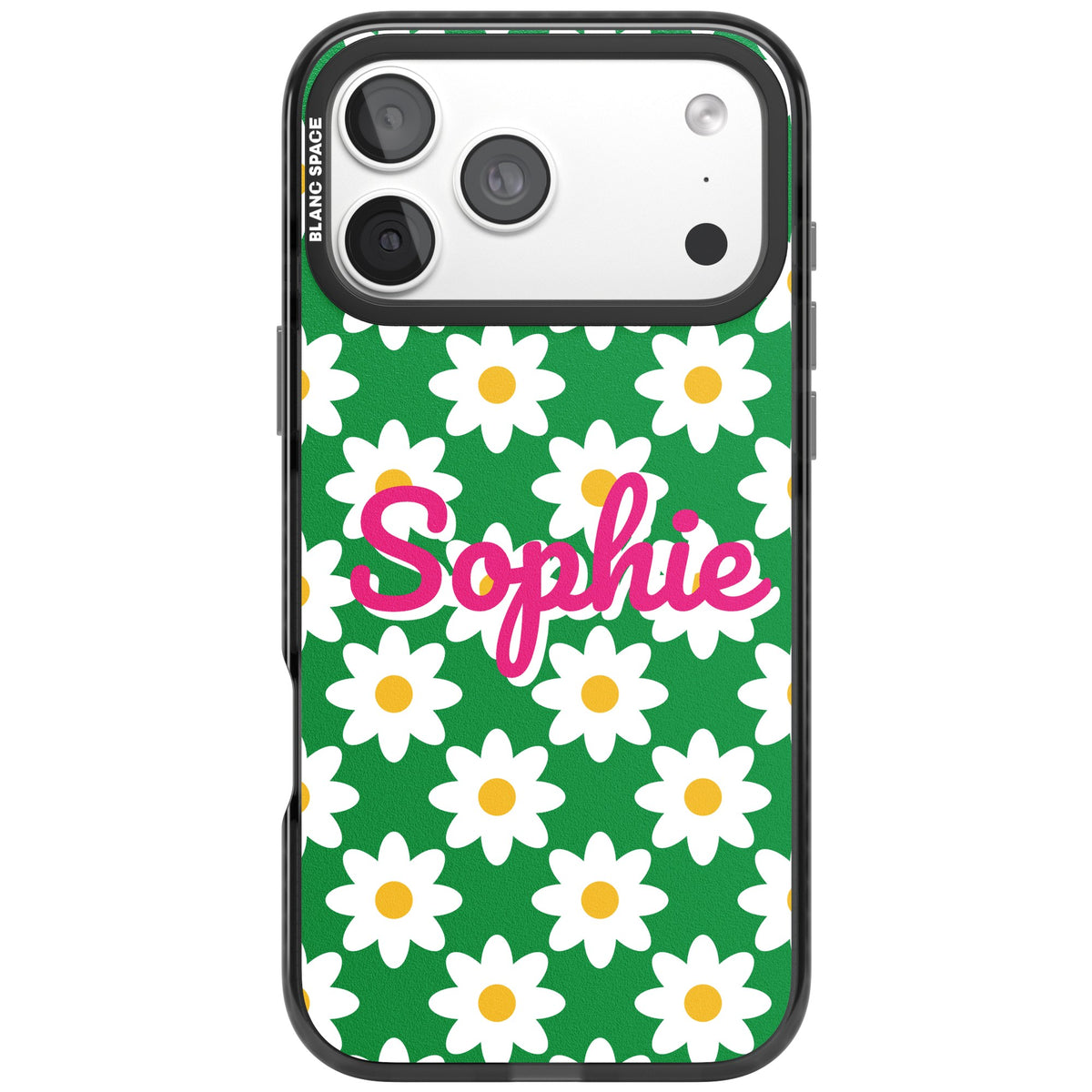 Personalised Daisy Script Name floral iPhone case featuring white daisies, a green background and a custom script name iPhone 18 Pro Max Impact Pro Black Phone Case front