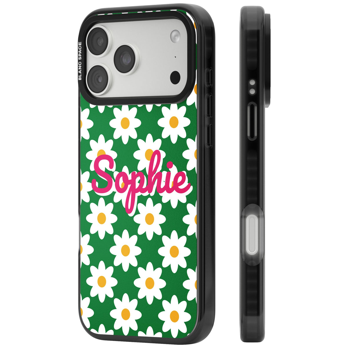 Personalised Daisy Script Name floral iPhone case featuring white daisies, a green background and a custom script name iPhone 18 Pro Max Impact Pro Black Phone Case side