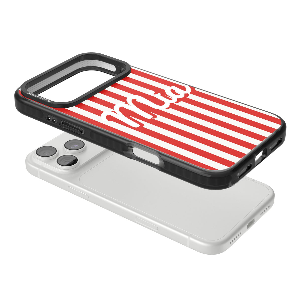 Personalised Retro Stripe Name custom iPhone case featuring red and white stripes and a personalised script name iPhone 18 Pro Max Impact Pro Black Phone Case angled